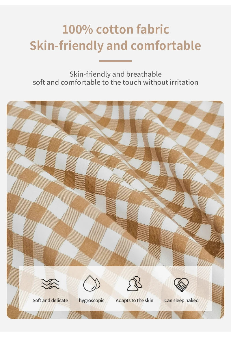 100% Cotton Duvet Cover Set,Bedding Set With Plaid Stripe,Skin Friendly Breathable,1 Duvet Cover,2 Pillowcase,Japan Simple Style