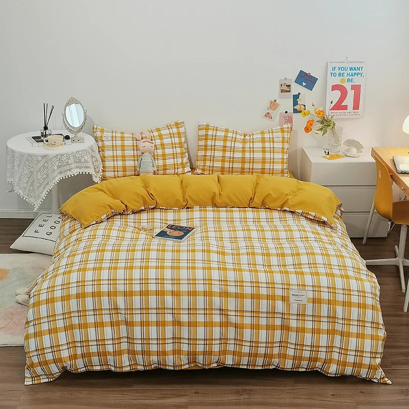 100% Cotton Duvet Cover Set,Bedding Set With Plaid Stripe,Skin Friendly Breathable,1 Duvet Cover,2 Pillowcase,Japan Simple Style