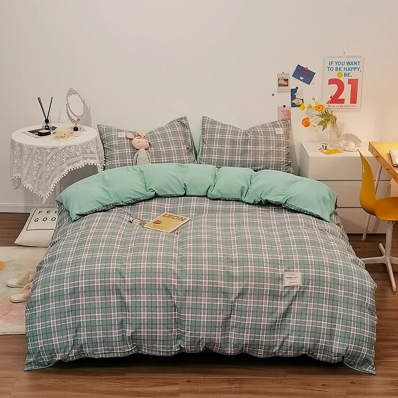 100% Cotton Duvet Cover Set,Bedding Set With Plaid Stripe,Skin Friendly Breathable,1 Duvet Cover,2 Pillowcase,Japan Simple Style