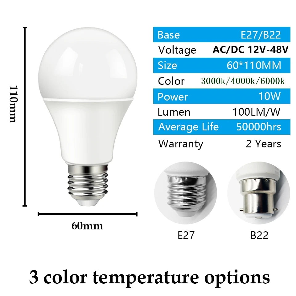 1-10pcs/lot  LED Bulb DC/AC12V-48V A60 E27 B22 Lamps 10W Bombilla For Solar Led Light Bulbs 12 Volts Low Voltages Lamp Lighting