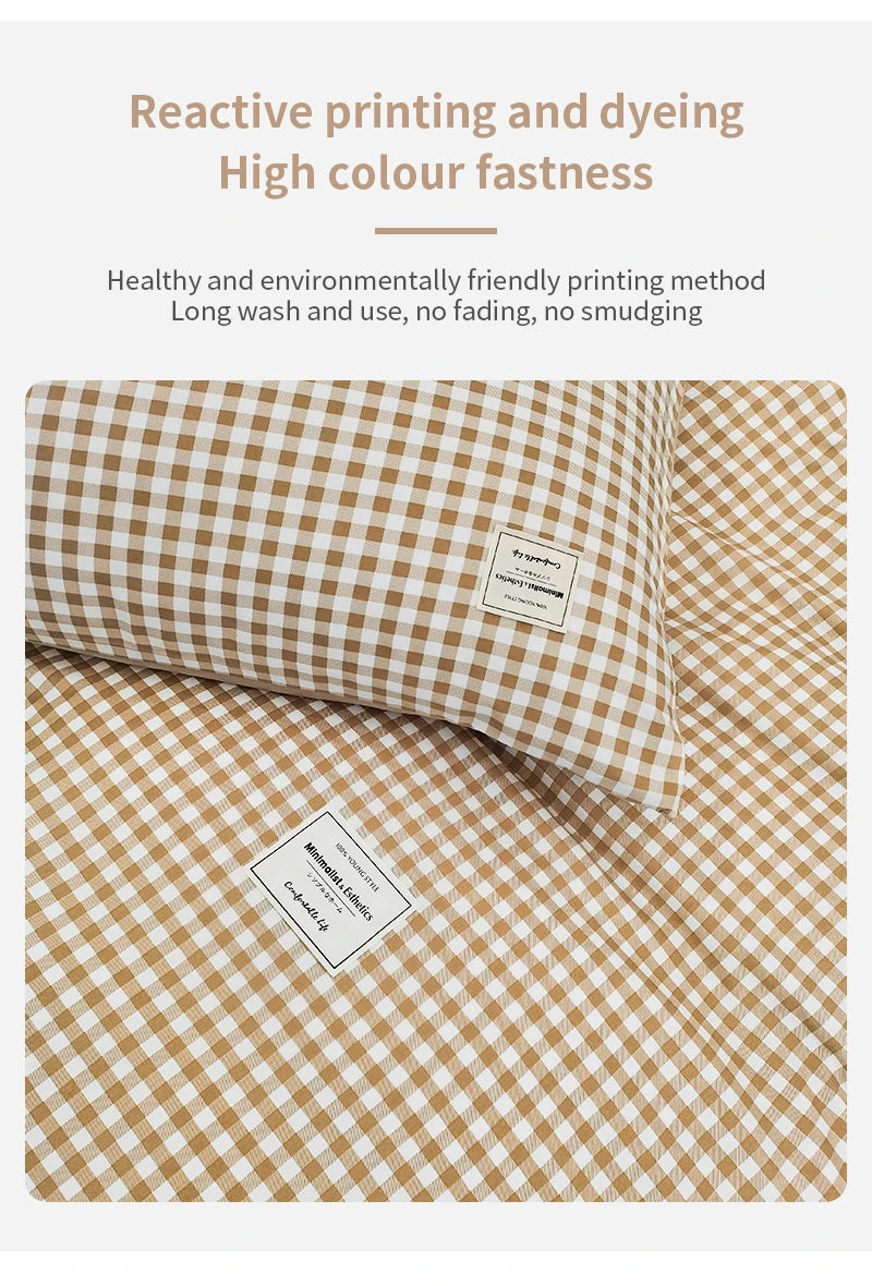 100% Cotton Duvet Cover Set,Bedding Set With Plaid Stripe,Skin Friendly Breathable,1 Duvet Cover,2 Pillowcase,Japan Simple Style