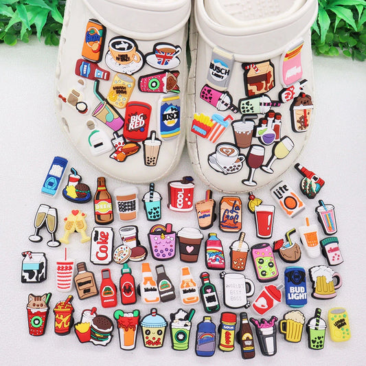 100Pcs Mix Coffee Soft Drinks Wine Beer PVC Shoes Buckle Charms Adult Accessories DIY Backpack Birthday Gift