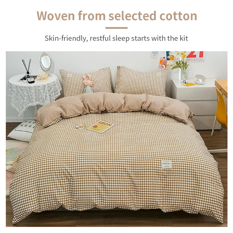 100% Cotton Duvet Cover Set,Bedding Set With Plaid Stripe,Skin Friendly Breathable,1 Duvet Cover,2 Pillowcase,Japan Simple Style