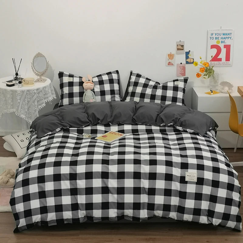 100% Cotton Duvet Cover Set,Bedding Set With Plaid Stripe,Skin Friendly Breathable,1 Duvet Cover,2 Pillowcase,Japan Simple Style