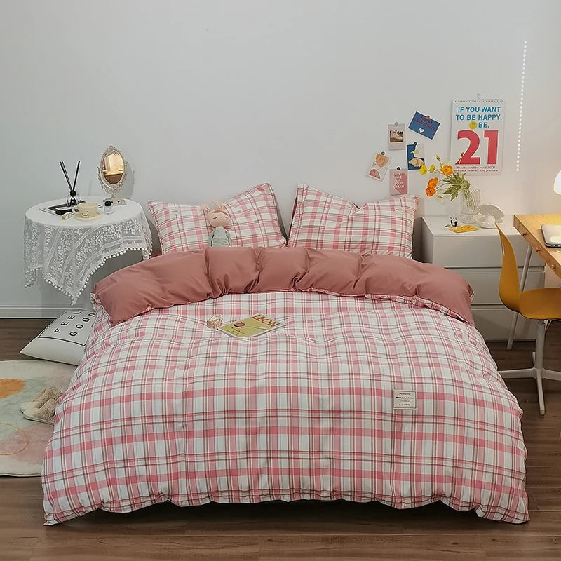 100% Cotton Duvet Cover Set,Bedding Set With Plaid Stripe,Skin Friendly Breathable,1 Duvet Cover,2 Pillowcase,Japan Simple Style