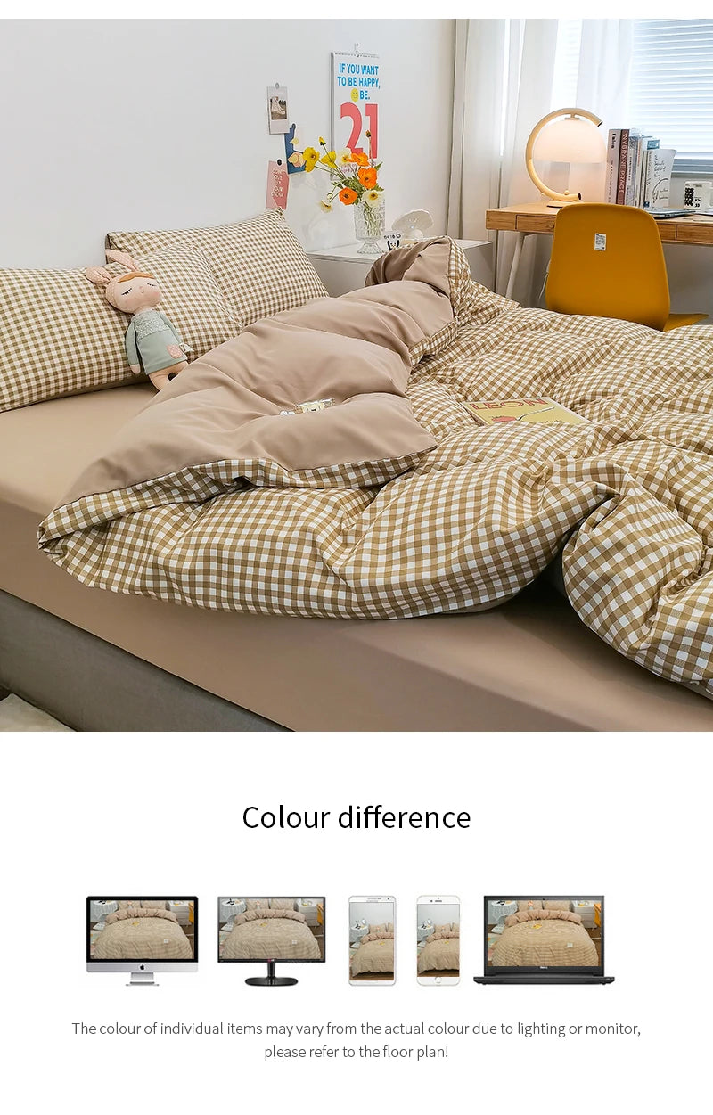 100% Cotton Duvet Cover Set,Bedding Set With Plaid Stripe,Skin Friendly Breathable,1 Duvet Cover,2 Pillowcase,Japan Simple Style